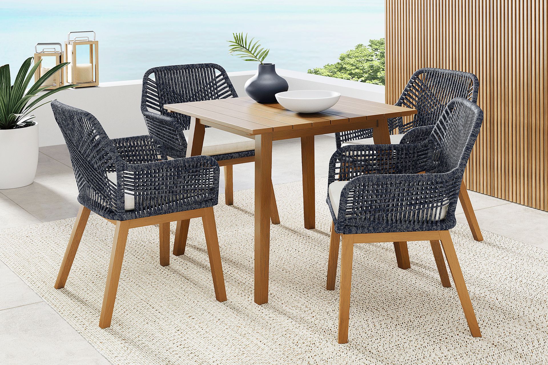 Tessere Natural 5 Pc Square Outdoor Dining Set with Blue Arm Chairs - Image 1