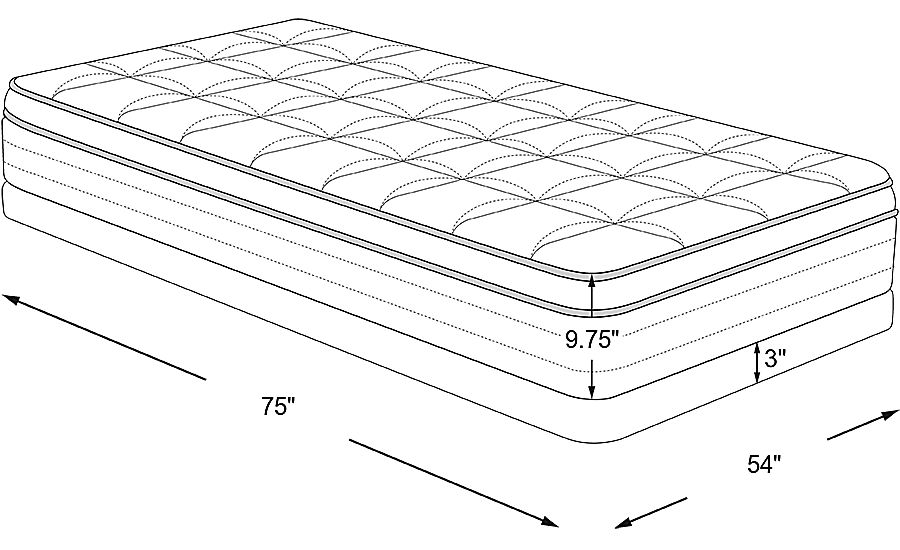 mattress: 75"l x 54"w x 9.75"h, foundation: 3"h