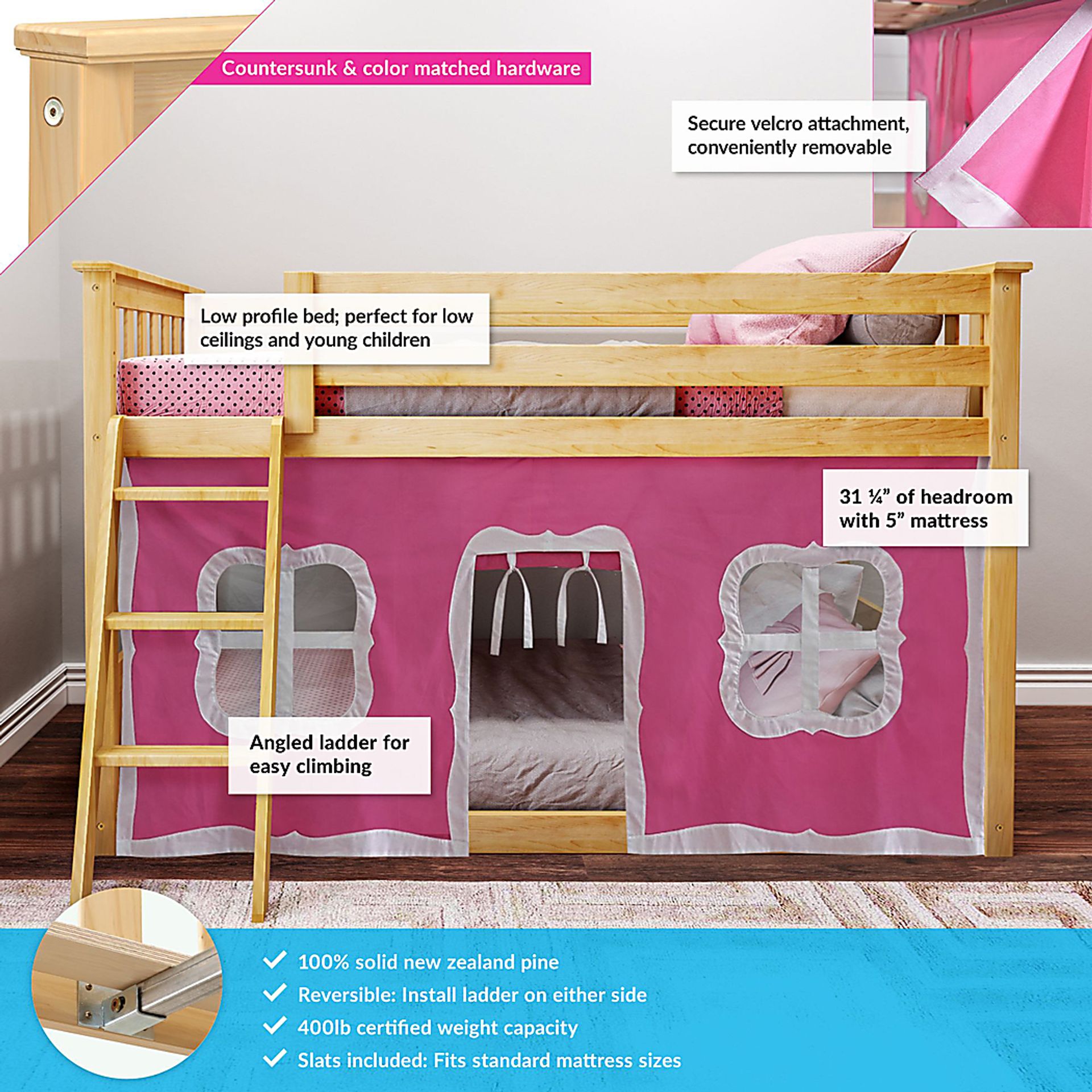 Kids Thorsten Beige Twin/Twin Low Bunk Bed with Pink Tent - Image 3