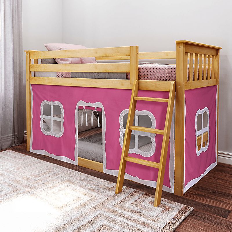 Kids Thorsten Beige Twin/Twin Low Bunk Bed with Pink Tent