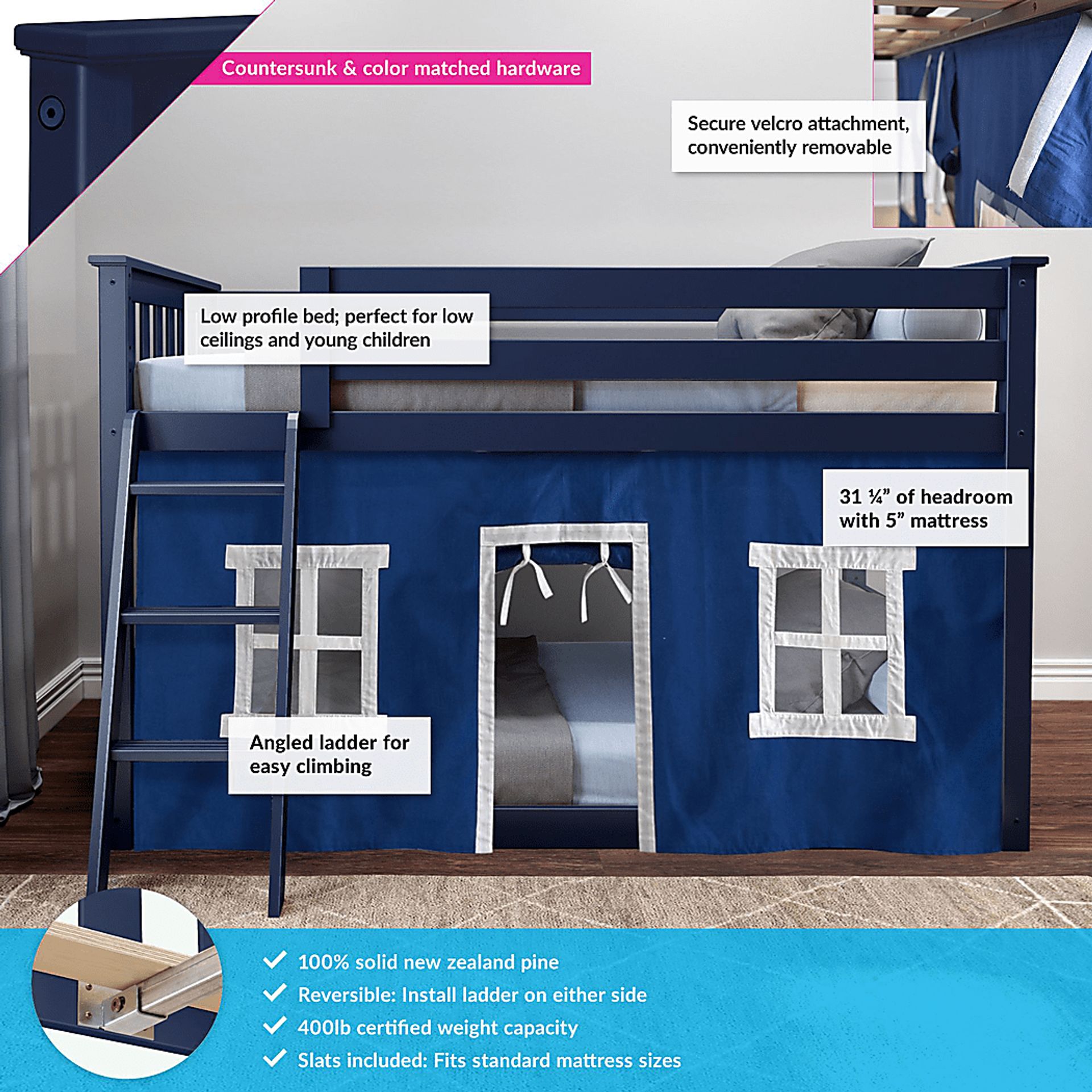 Kids Thorsten Blue Twin/Twin Low Bunk Bed with Blue Tent - Image 3