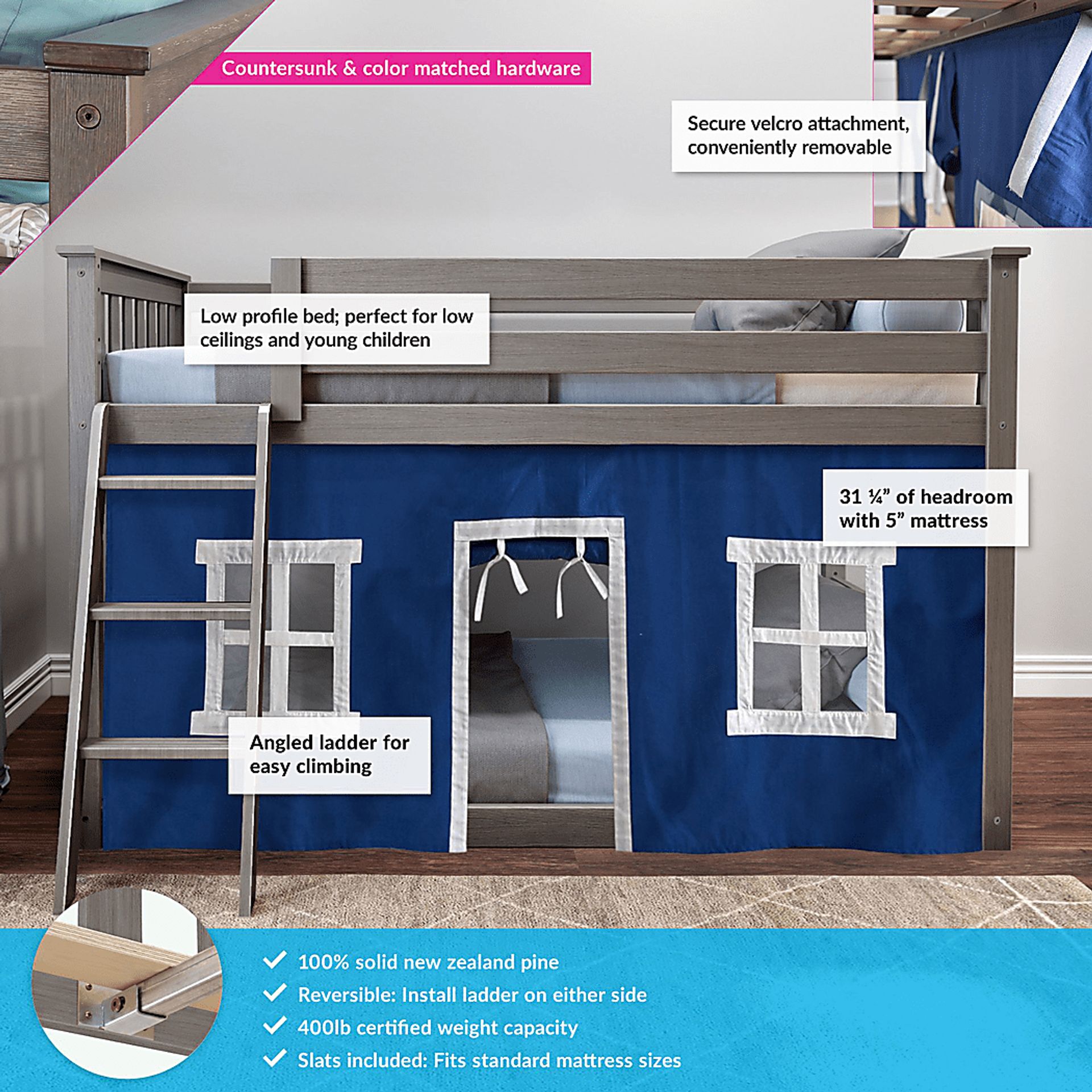 Kids Thorsten Brown Twin/Twin Low Bunk Bed with Blue Tent - Image 2