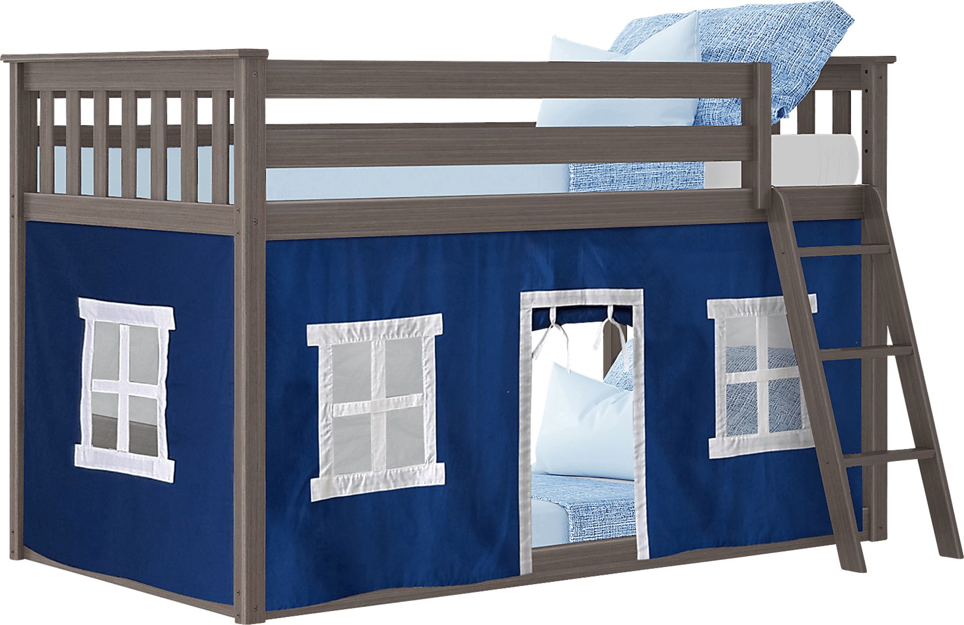 Kids Thorsten Brown Twin/Twin Low Bunk Bed with Blue Tent - Image 3