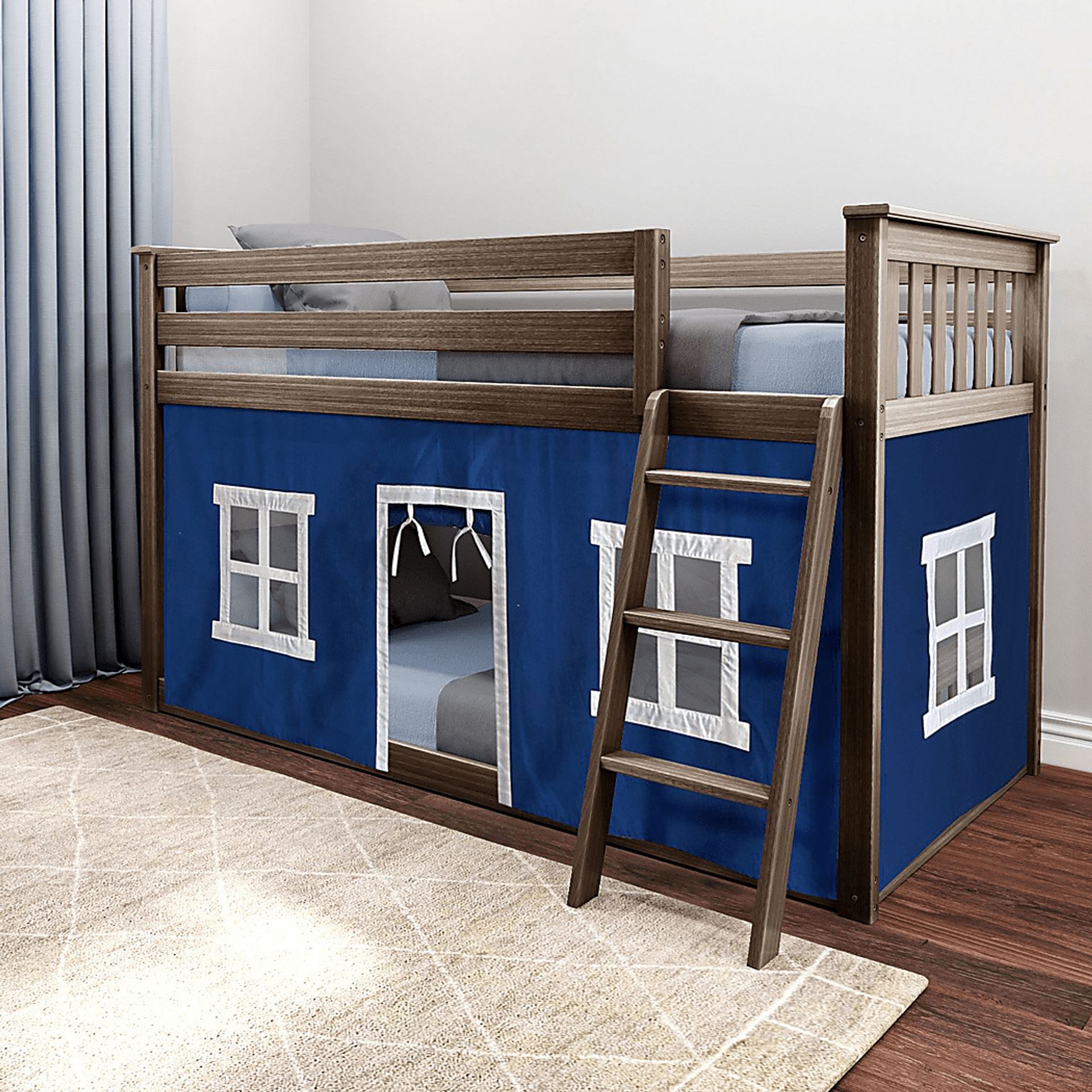 Kids Thorsten Brown Twin/Twin Low Bunk Bed with Blue Tent - Image 1