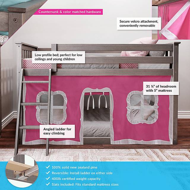 Kids Thorsten Brown Twin/Twin Low Bunk Bed with Pink Tent - Thumbnail - Image 3