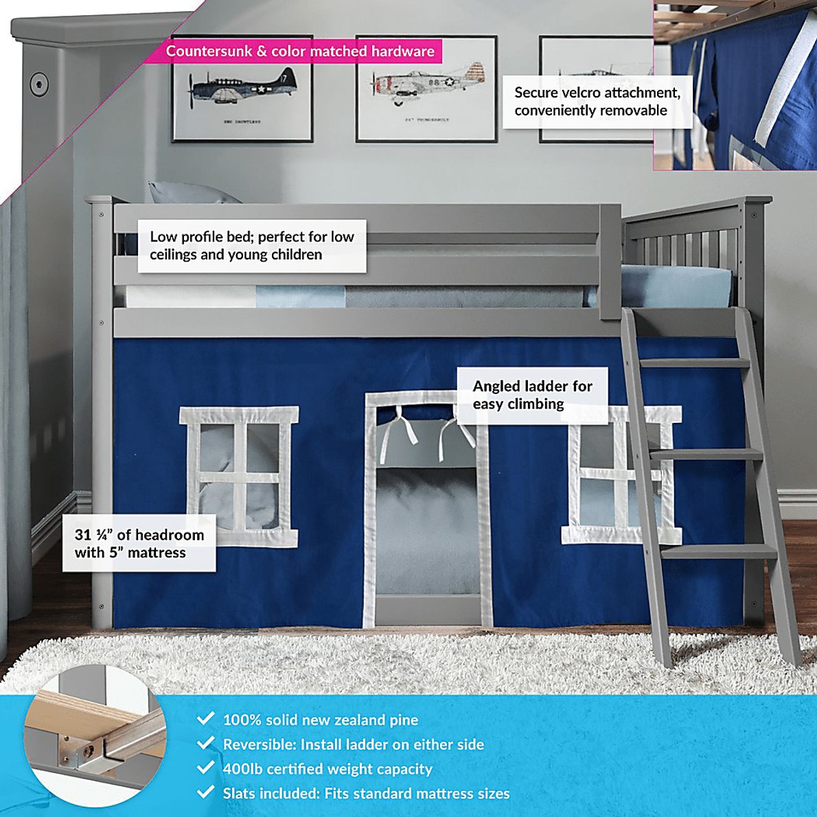Kids Thorsten Gray Twin/Twin Low Bunk Bed with Blue Tent Rooms To Go
