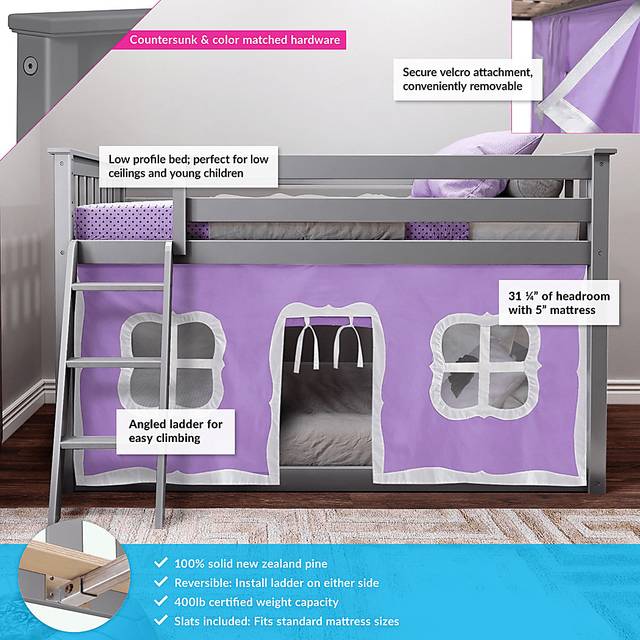 Kids Thorsten Gray Twin/Twin Low Bunk Bed with Purple Tent - Thumbnail - Image 3