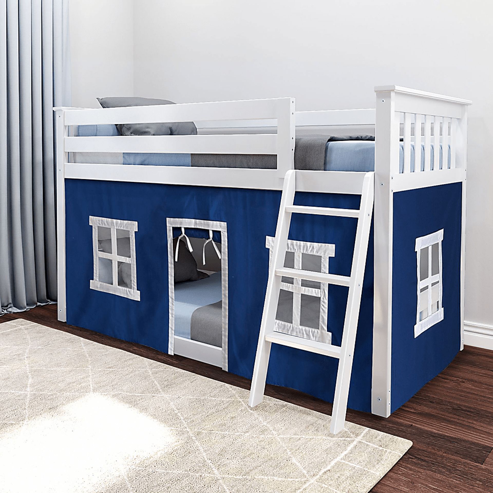 Kids Thorsten White Twin/Twin Low Bunk Bed with Blue Tent - Image 1