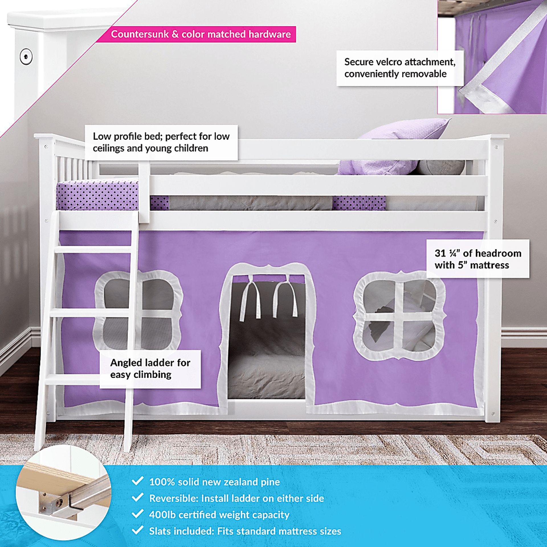 Kids Thorsten White Twin/Twin Low Bunk Bed with Purple Tent - Image 3