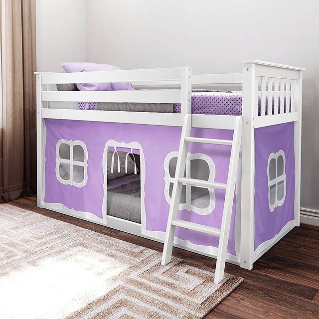 Kids Thorsten White Twin/Twin Low Bunk Bed with Purple Tent - Thumbnail - Image 1