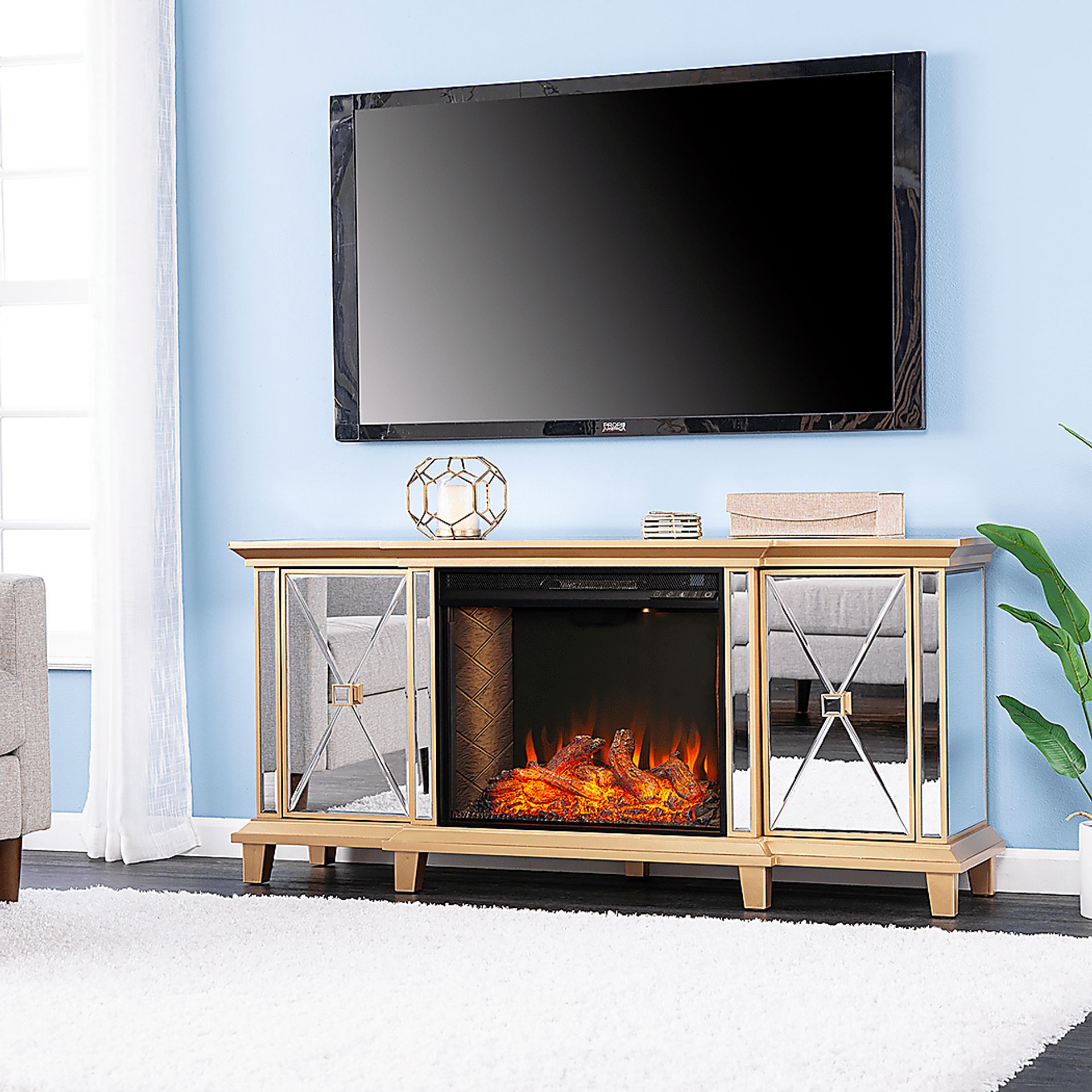 Tingdale III Gold 58 in. Console, With Smart Electric Fireplace - Image 2