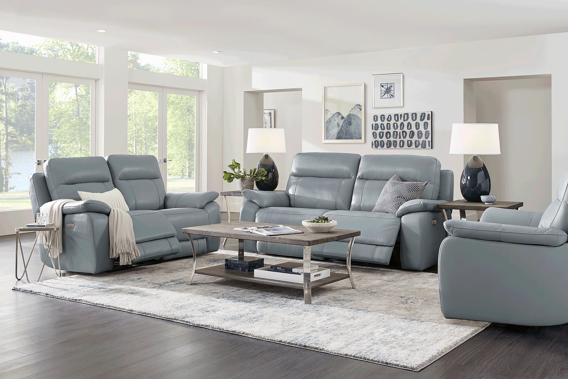 Torini Blue Leather 3 Pc Power Reclining Living Room - Image 1