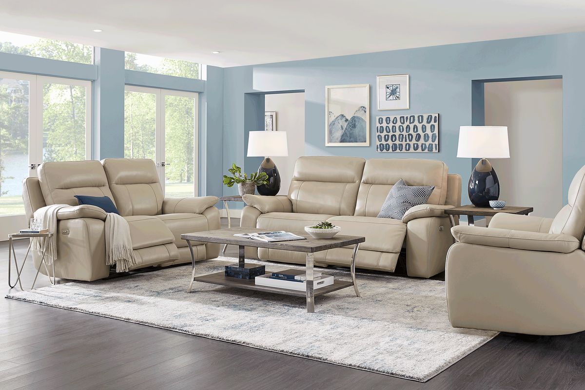 Torini 7 Pc Cream Beige Leather Power Reclining Living Room Set With ...
