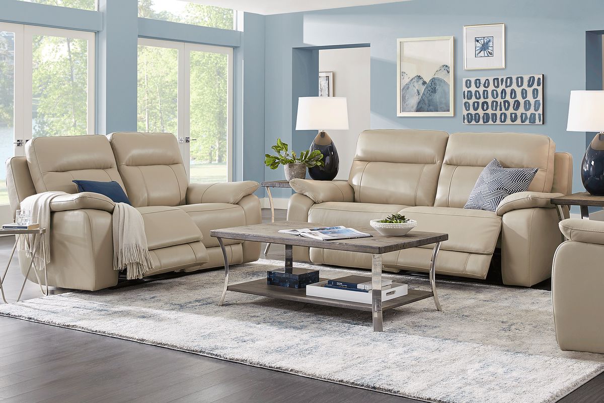 Torini 7 Pc Cream Beige Leather Non-Power Reclining Living Room Set ...