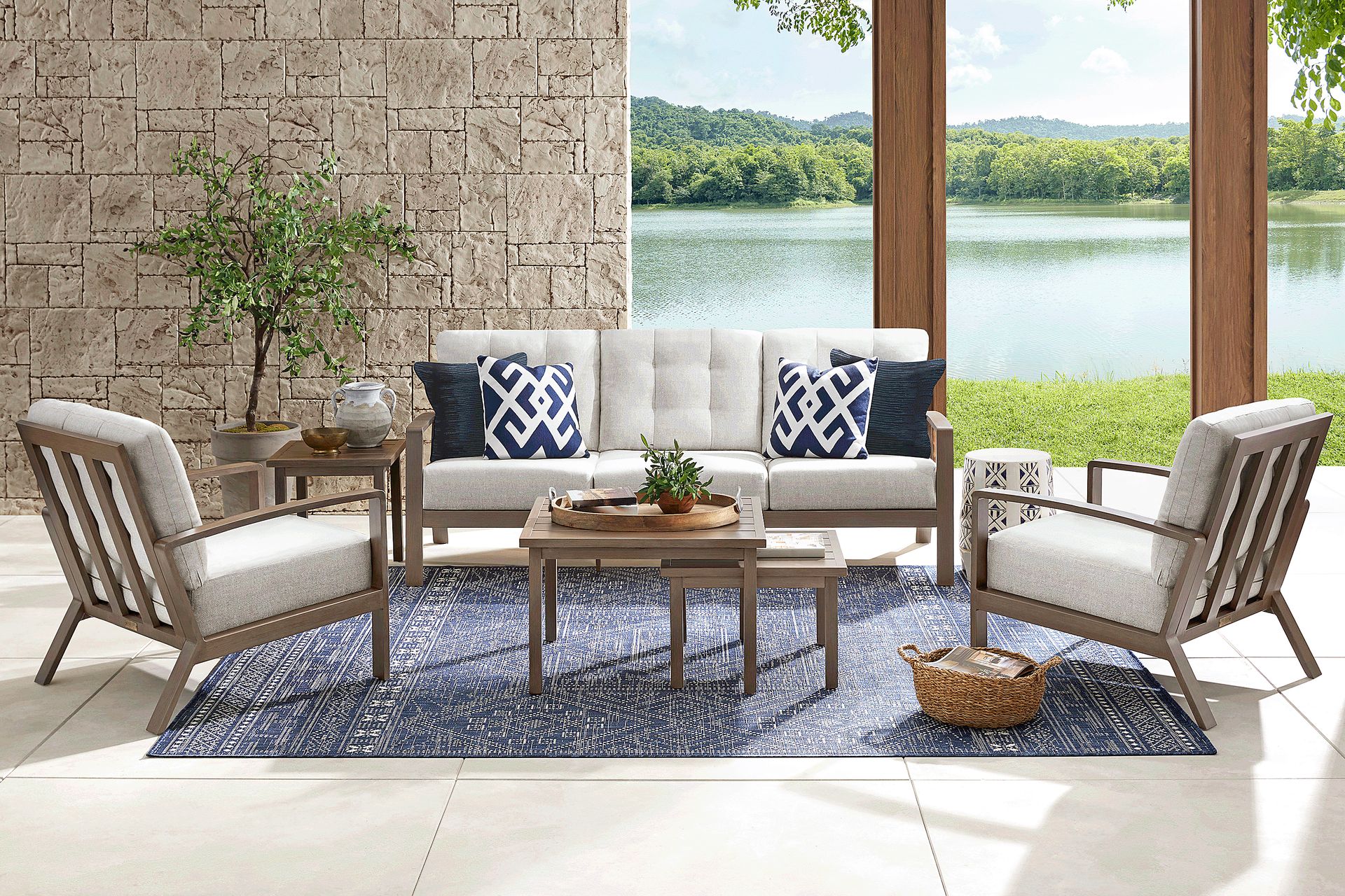 Torio Brown 5 Pc Outdoor Sofa Seating Set with Silk-Colored Cushions - Image 1