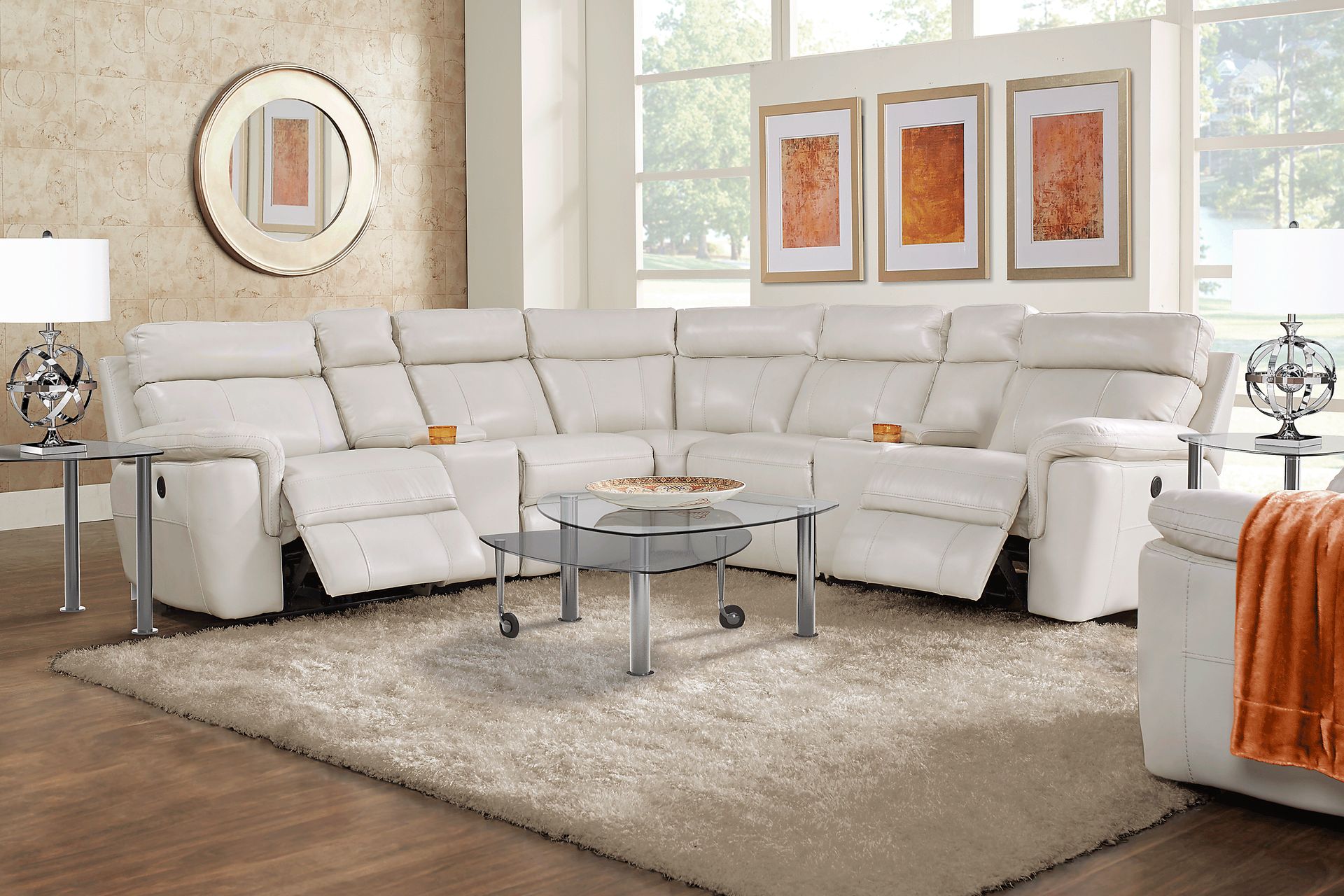 Trafalgar Square Ivory Beige Leather 7 Pc Power Reclining Sectional ...