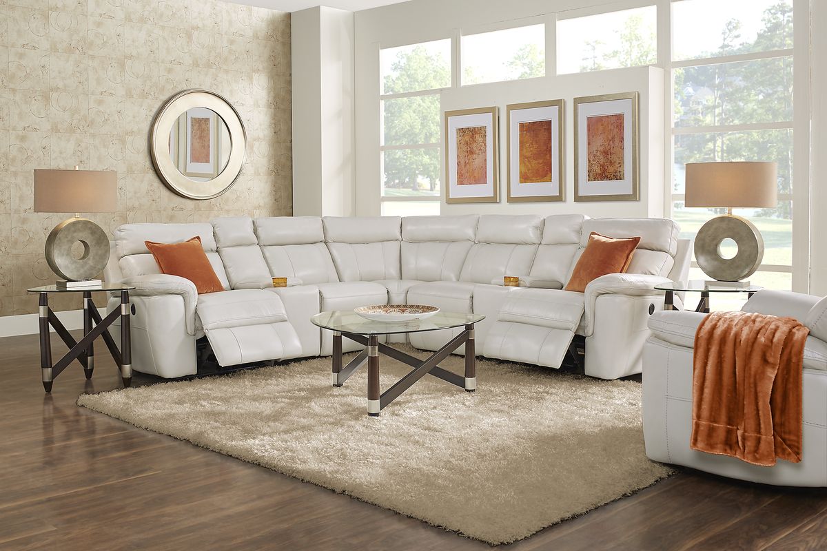 Trafalgar Square Ivory Beige Leather 7 Pc Power Reclining Sectional ...