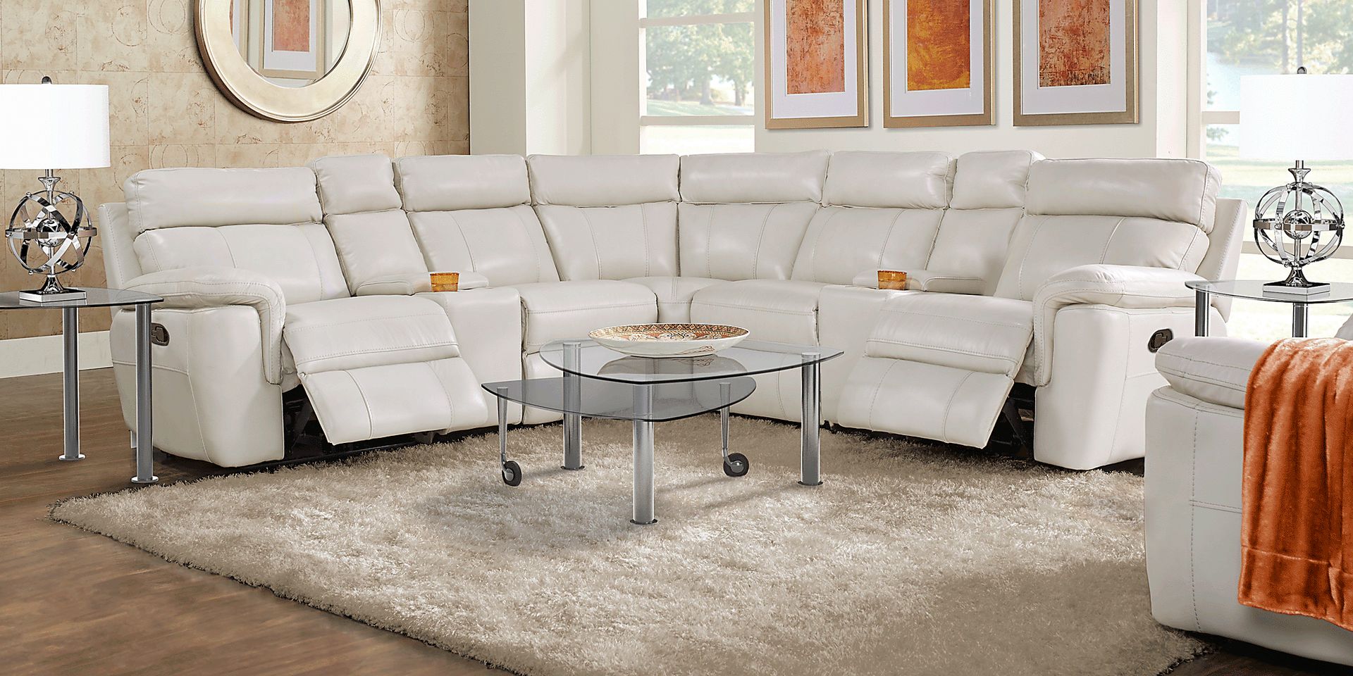Trafalgar Square Ivory Leather 10 Pc Reclining Sectional Living Room - Image 2