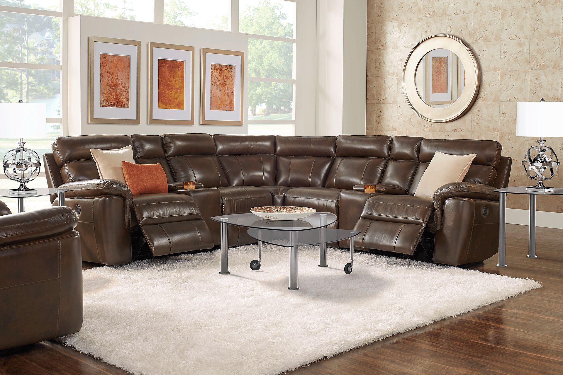 Trafalgar Square Mahogany Leather 10 Pc Reclining Sectional Living Room - Image 1