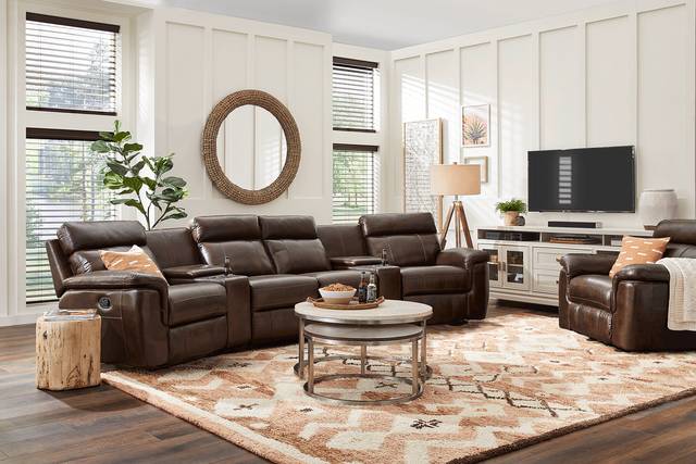 Trafalgar Square Mahogany Leather 6 Pc Power Reclining Sectional - Thumbnail - Image 2