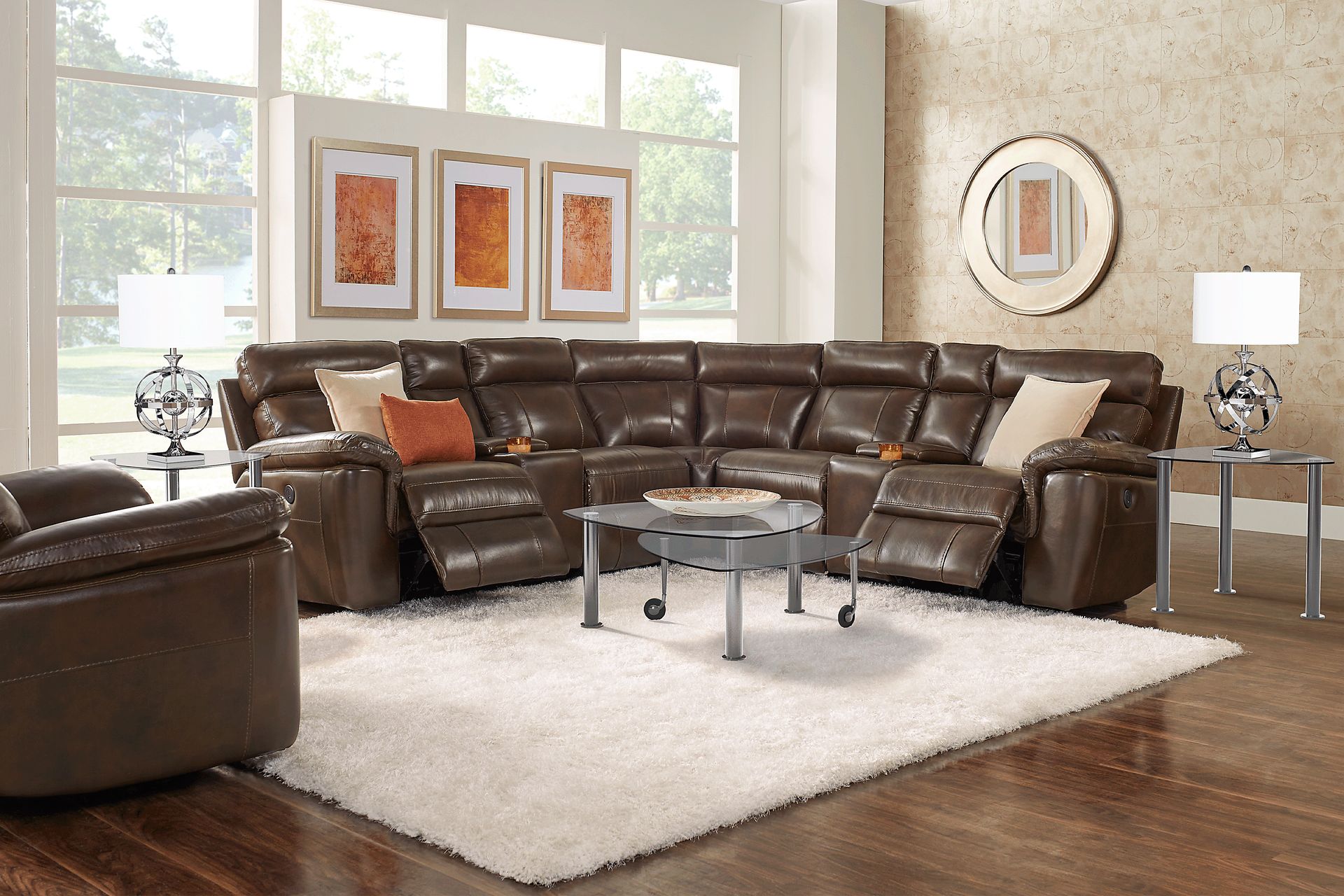 Trafalgar Square Mahogany Leather 7 Pc Reclining Sectional - Image 2