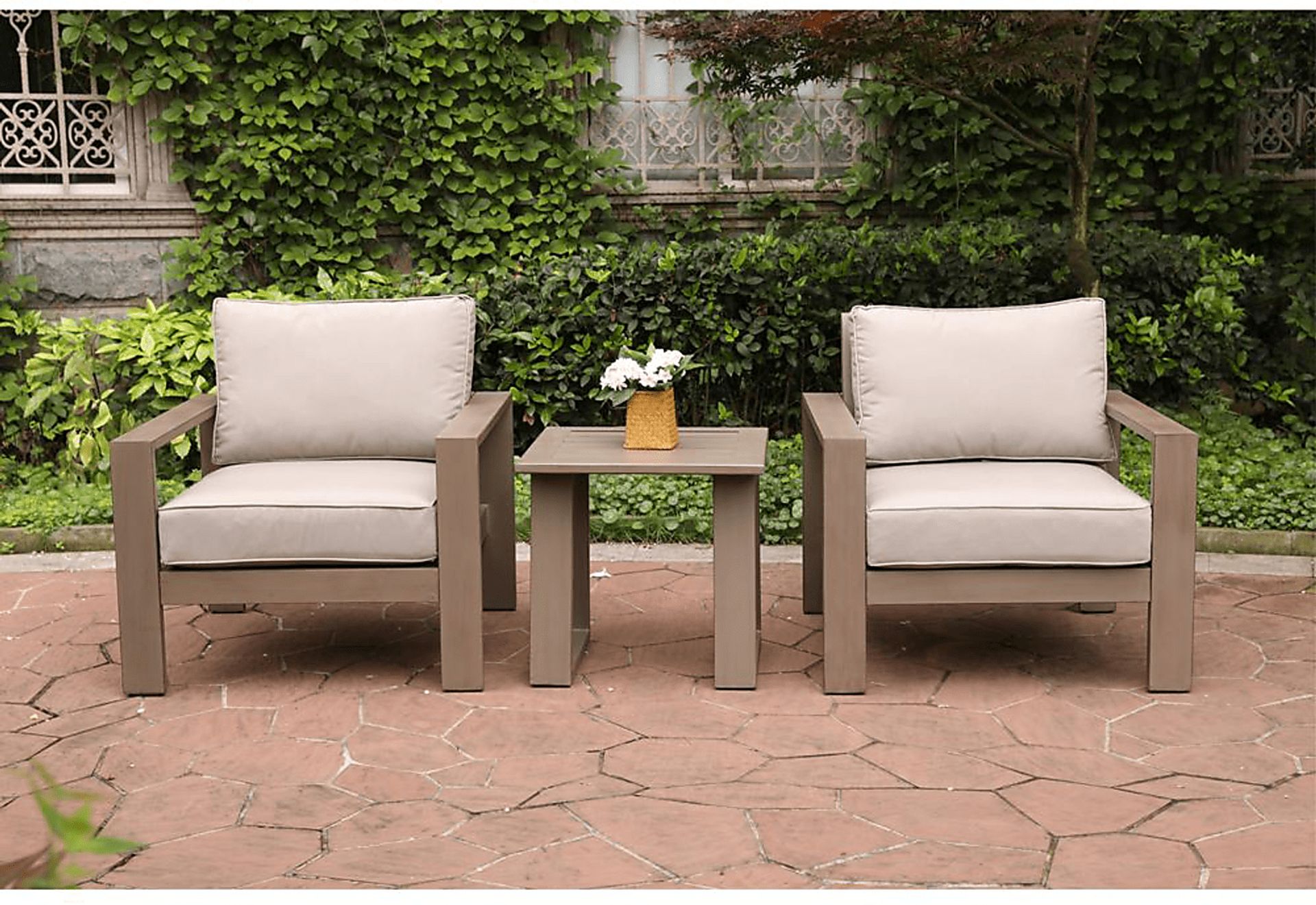 Travar Tan 3 Pc Outdoor Seating Set with Cream Cushions - Image 1