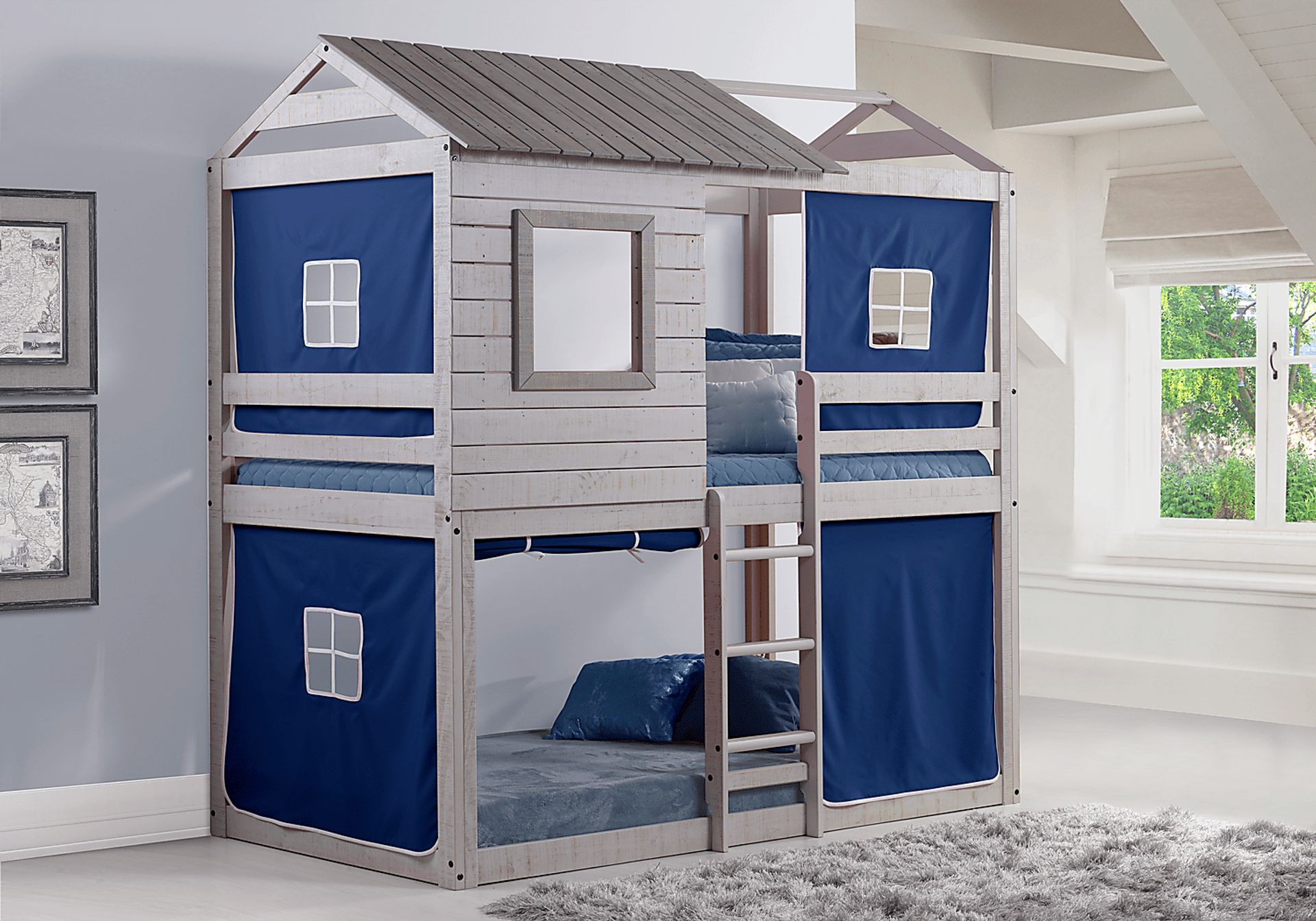 Treeline Cabin Gray Twin/Twin Jr. Loft Bed with Blue Tent - Image 1