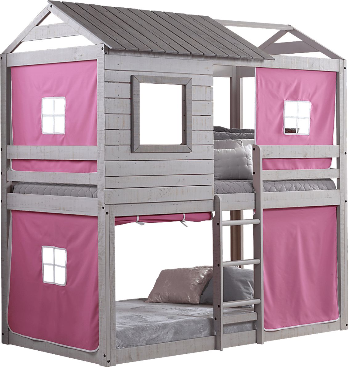 Treeline Cabin Gray Twin/Twin Jr. Loft Bed with Pink Tent