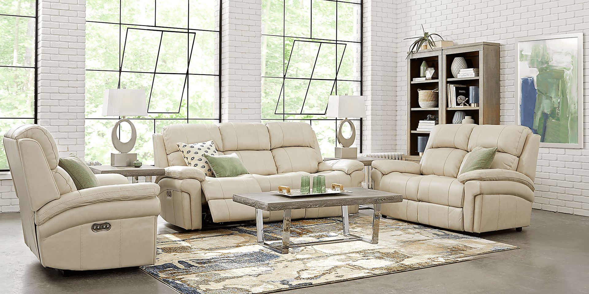 Trevino 7 Pc Cream Beige Leather Living Room Set