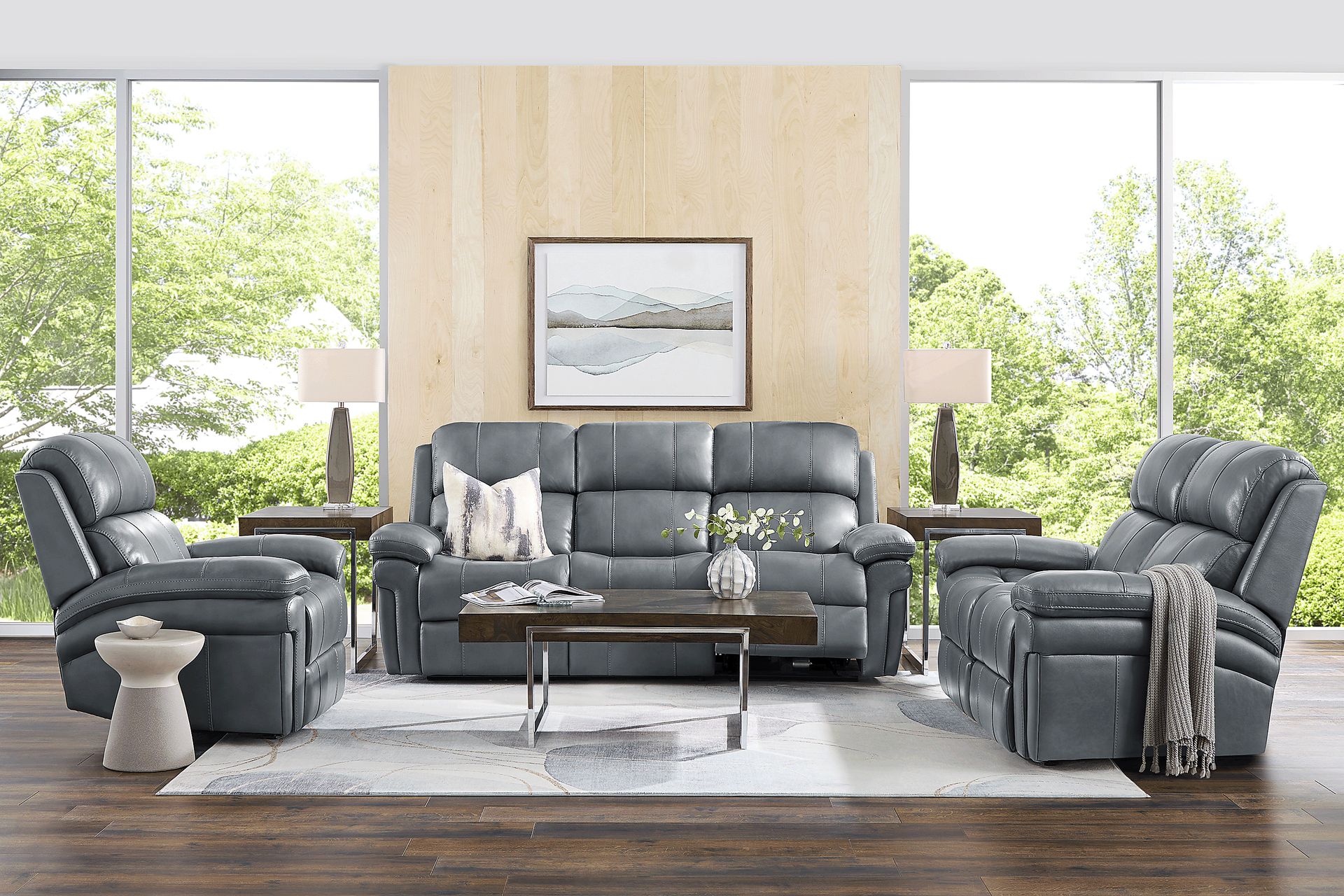 Trevino Lane Blue Leather 6 Pc Reclining Living Room - Image 1