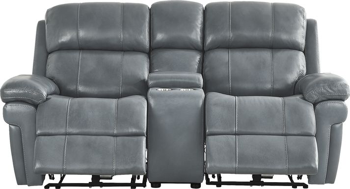Trevino Lane Blue Leather Dual Power Reclining Console Loveseat
