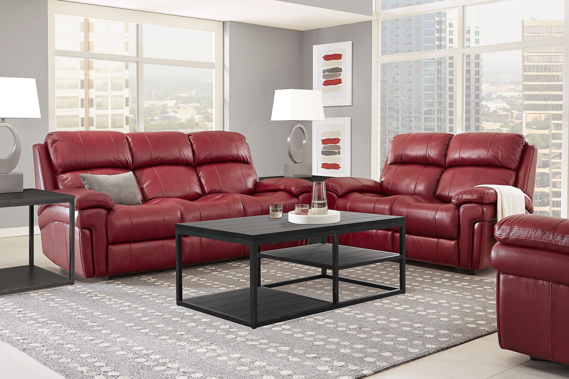 Trevino Place Burgundy Leather 5 Pc Living Room with Reclining Sofa - Image 1