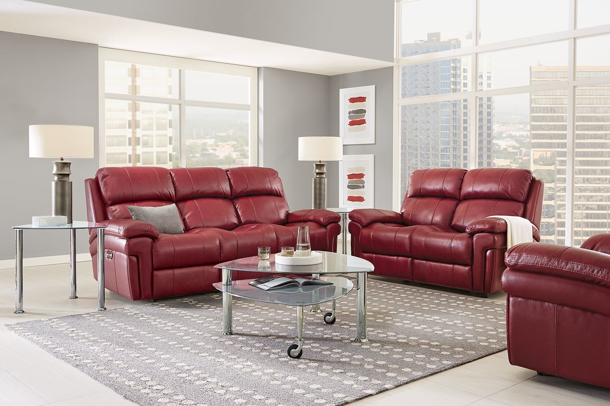 Trevino Place 5 Pc Burgundy Red Leather Living Room Set With Reclining Sofa, Stationary Loveseat