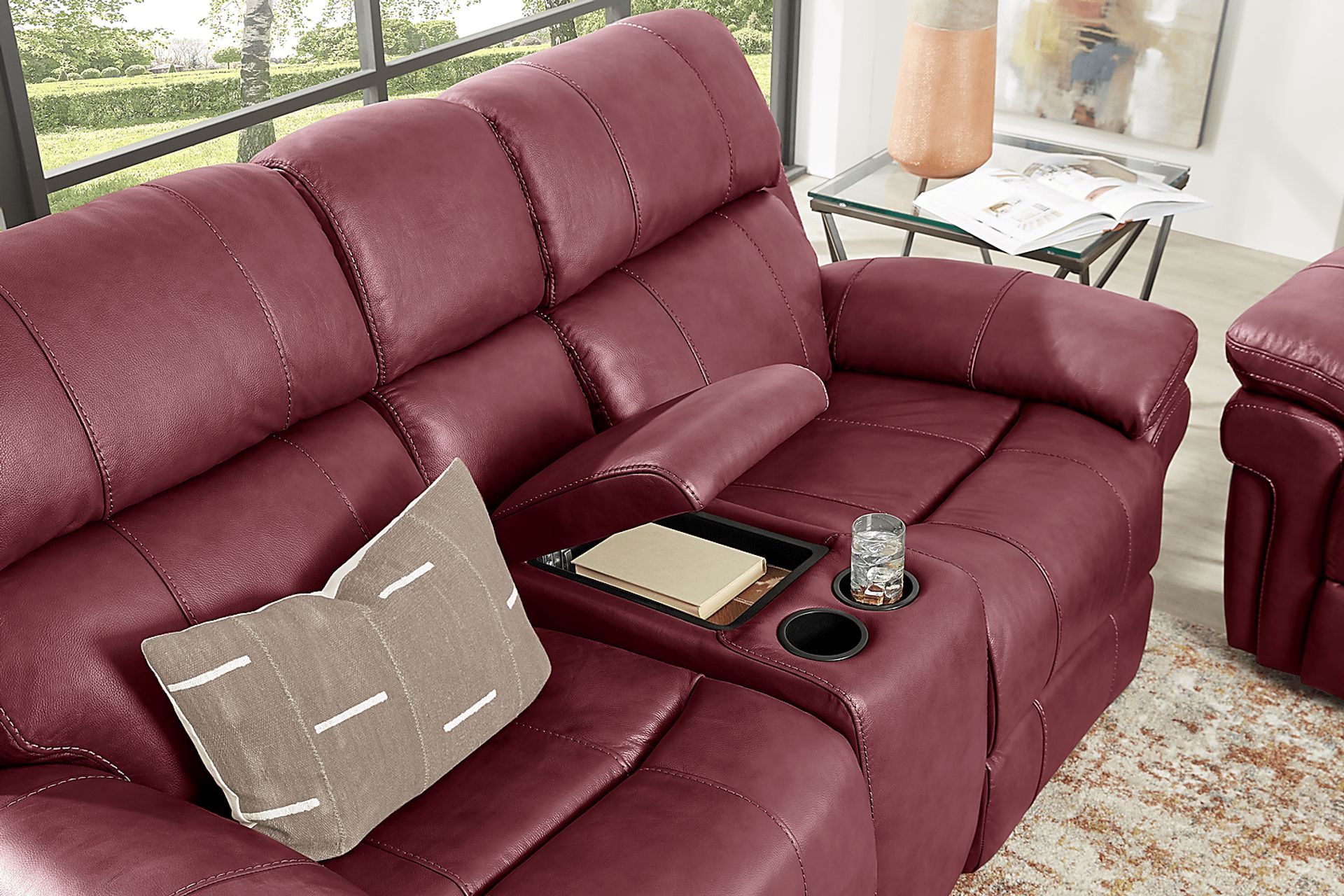 Trevino Place Burgundy Red Leather Dual Power Reclining Loveseat Rooms to Go