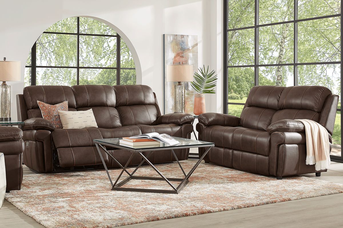 Trevino Place 3 Pc Chocolate Brown Leather Living Room Set With Reclining Sofa, Stationary