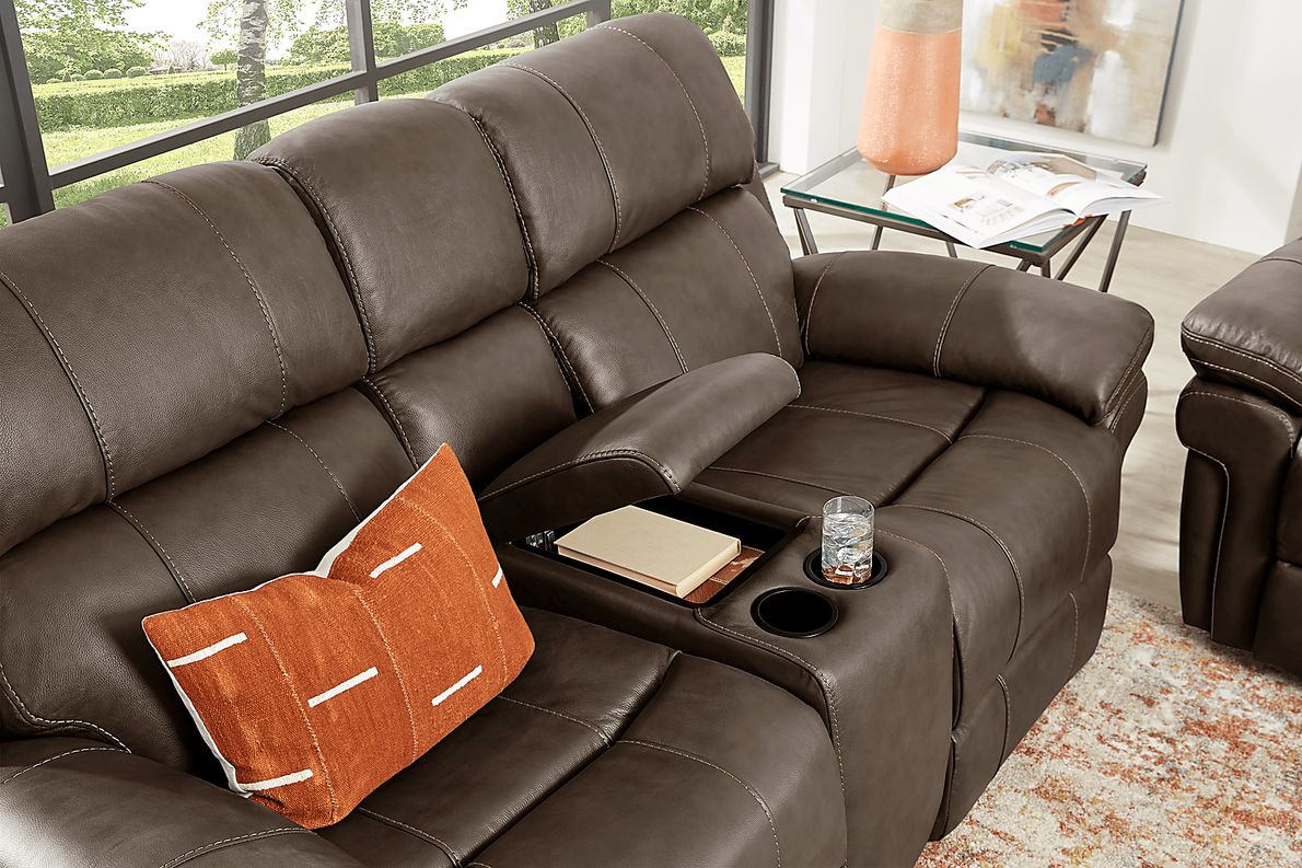 Trevino Place Chocolate Leather Dual Power Reclining Console Loveseat Rooms To Go