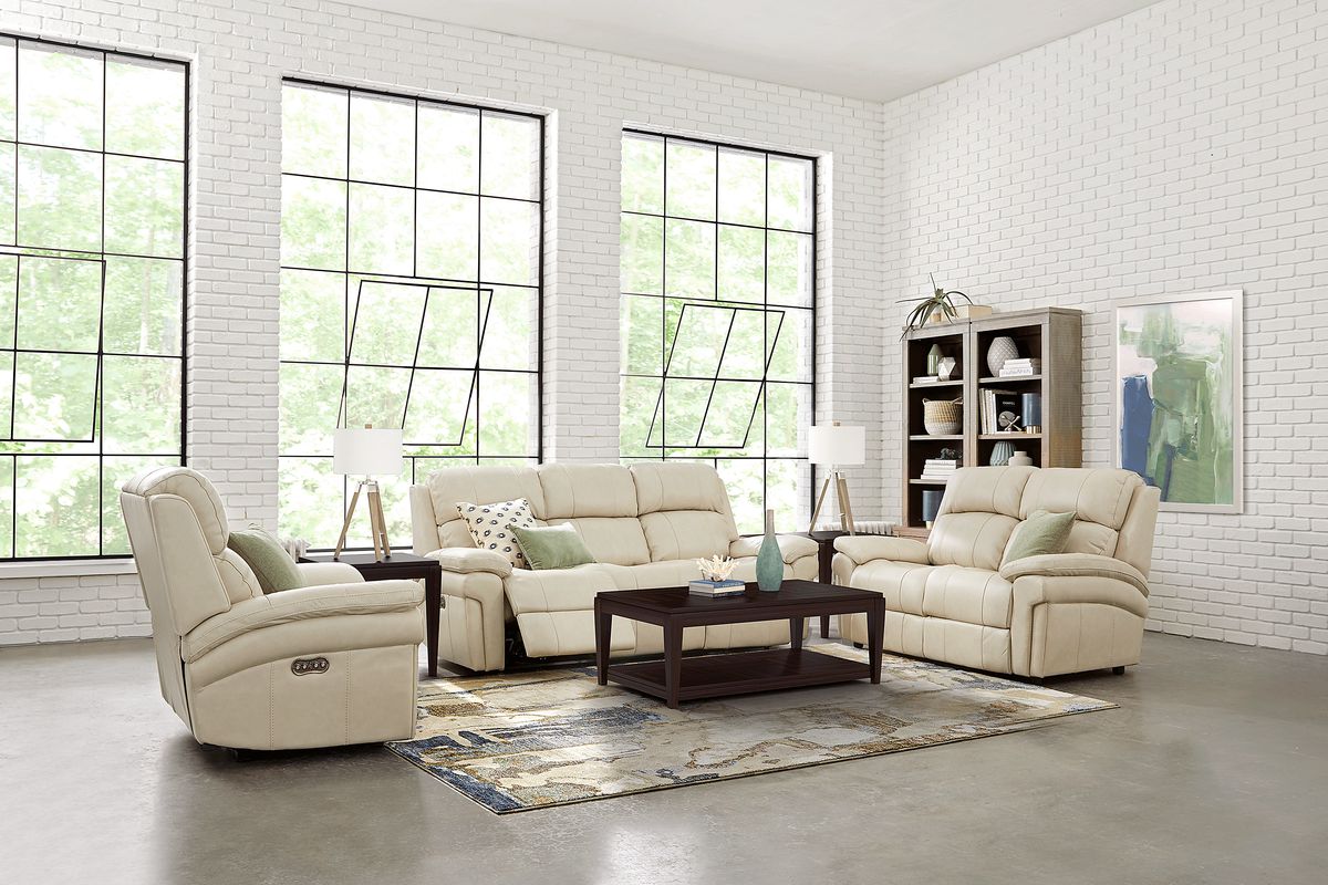 Trevino Place 3 Pc Cream Beige Leather Living Room Set With Reclining Sofa, Stationary Loveseat