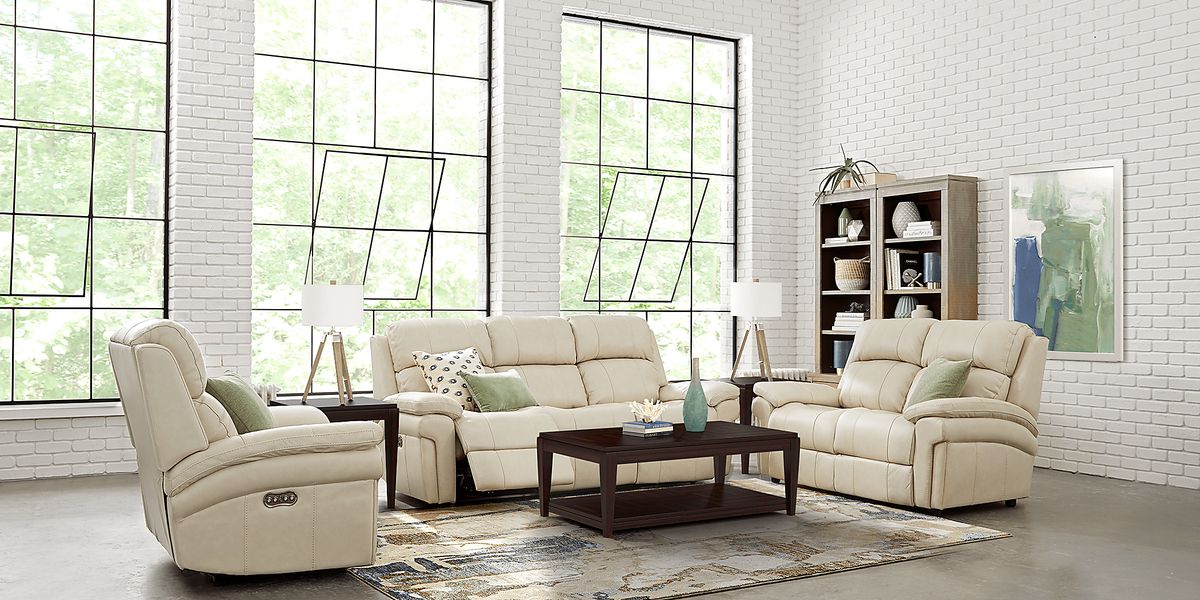 Trevino Place Cream Leather 5 Pc Living Room with Reclining Sofa Rooms To Go