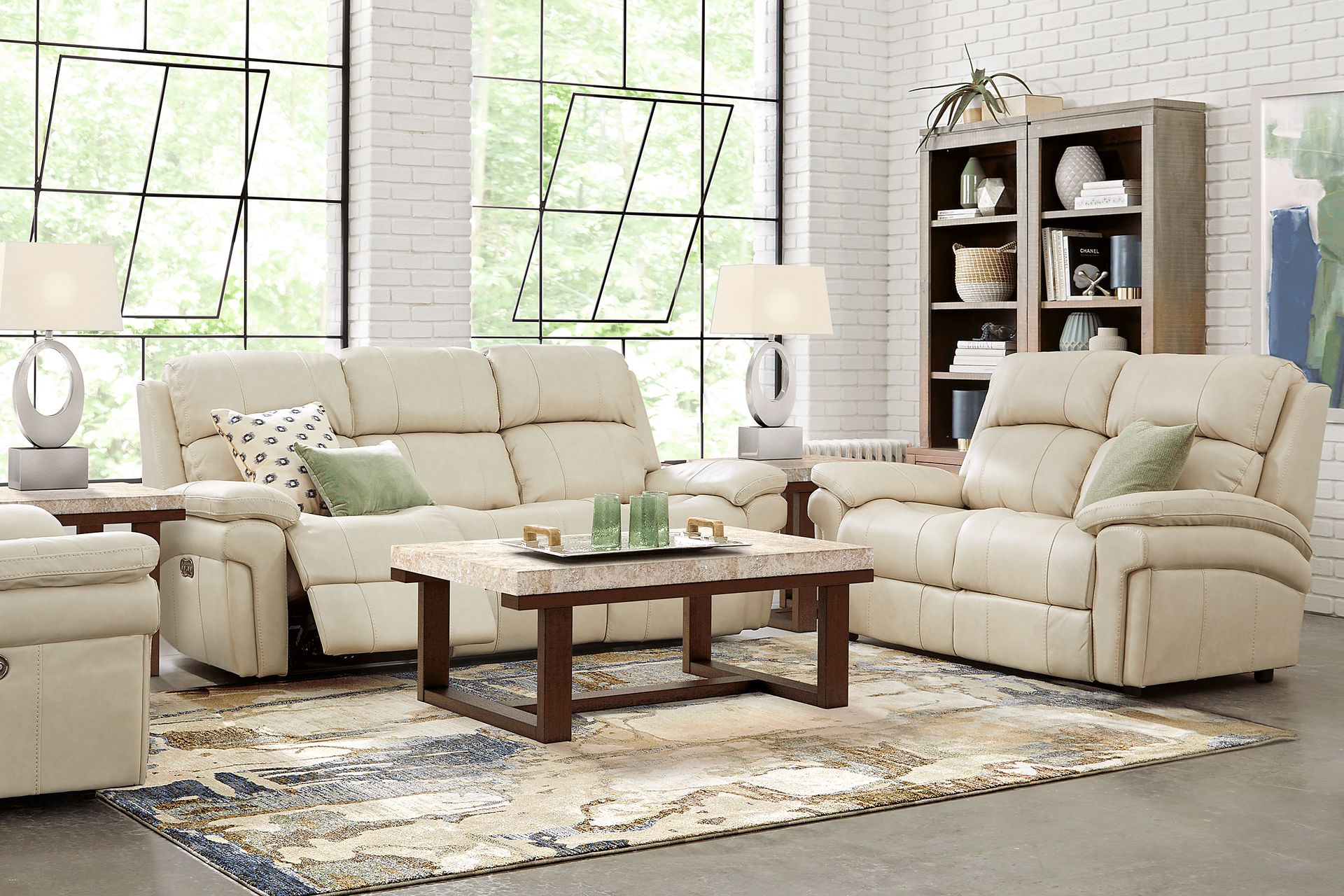 Trevino Place 5 Pc Cream Beige Leather NonPower Reclining Living Room Set With Reclining Sofa