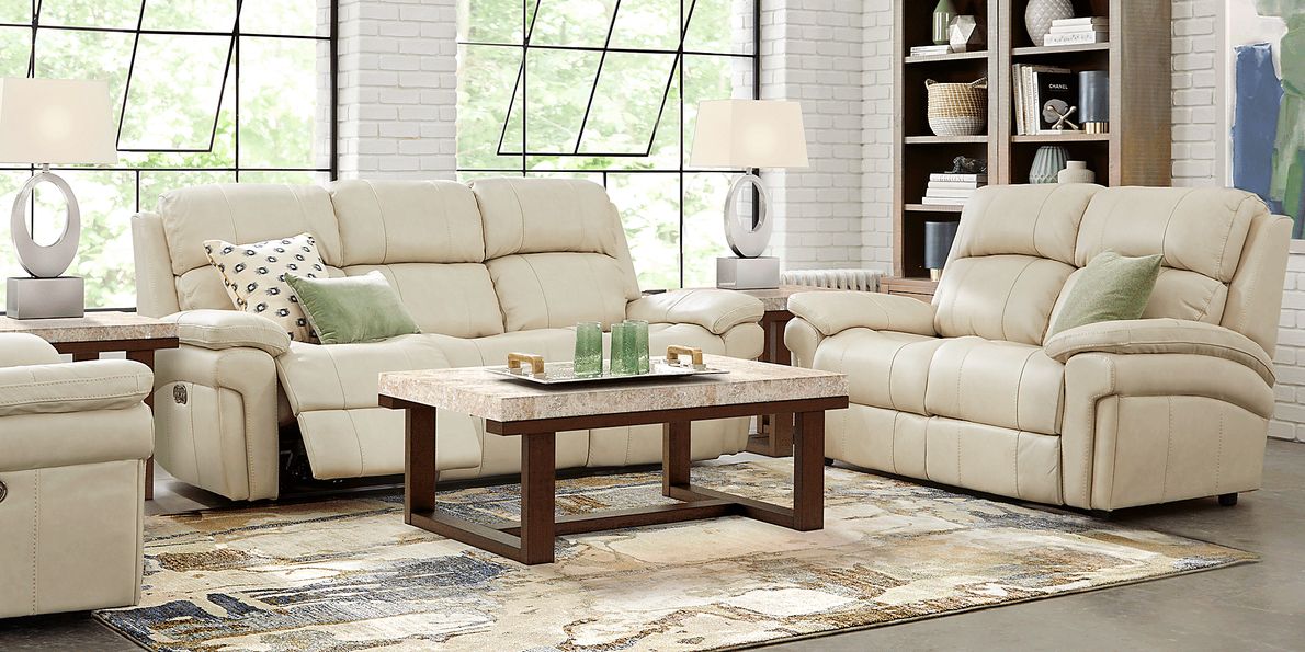 Trevino Place 5 Pc Cream Beige Leather NonPower Reclining Living Room Set With Reclining Sofa