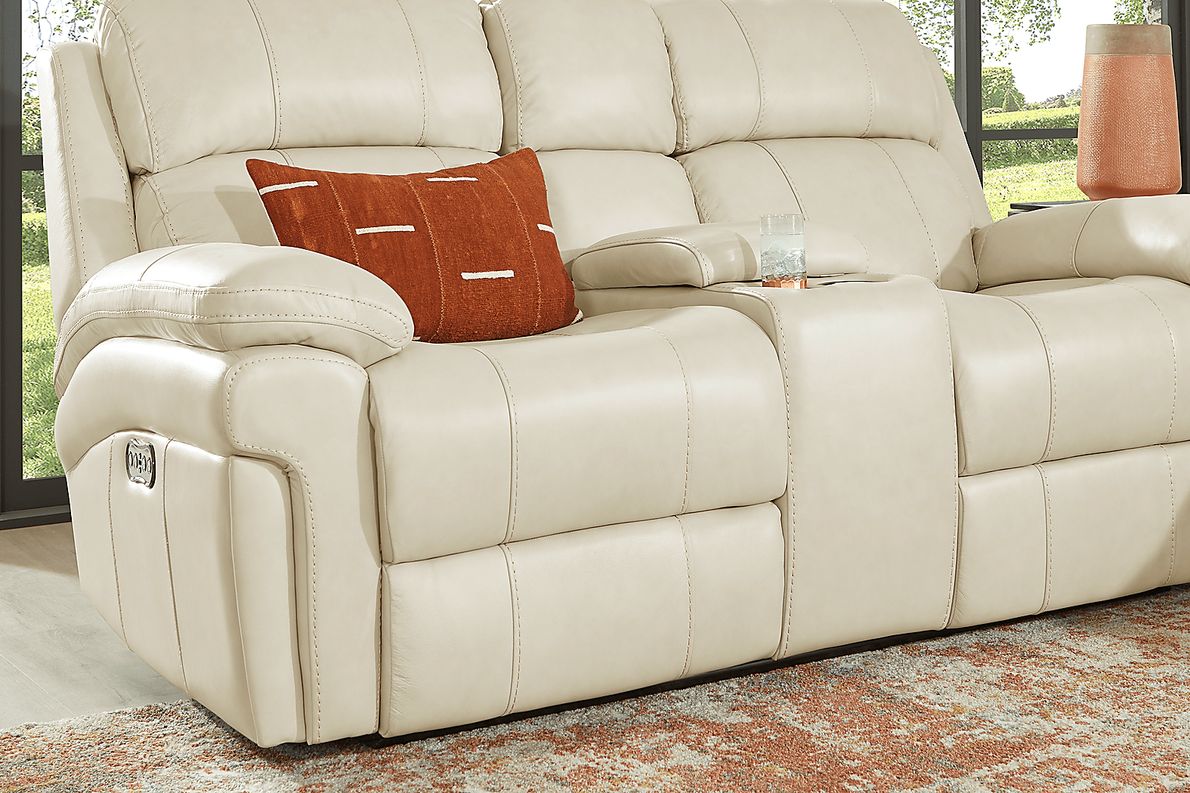 Trevino Place Cream Leather Dual Power Reclining Console Loveseat Rooms To Go