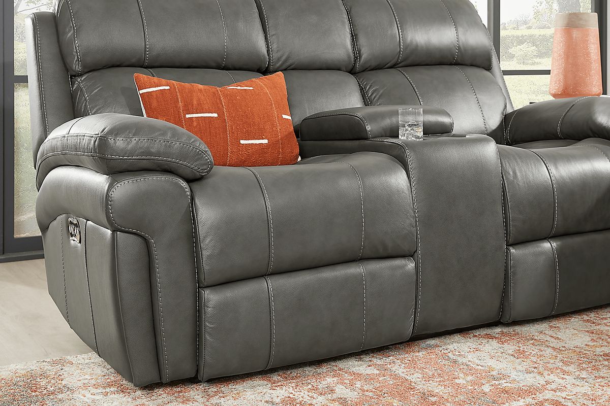 Trevino Place Smoke Gray Leather Dual Power Reclining Loveseat Rooms to Go