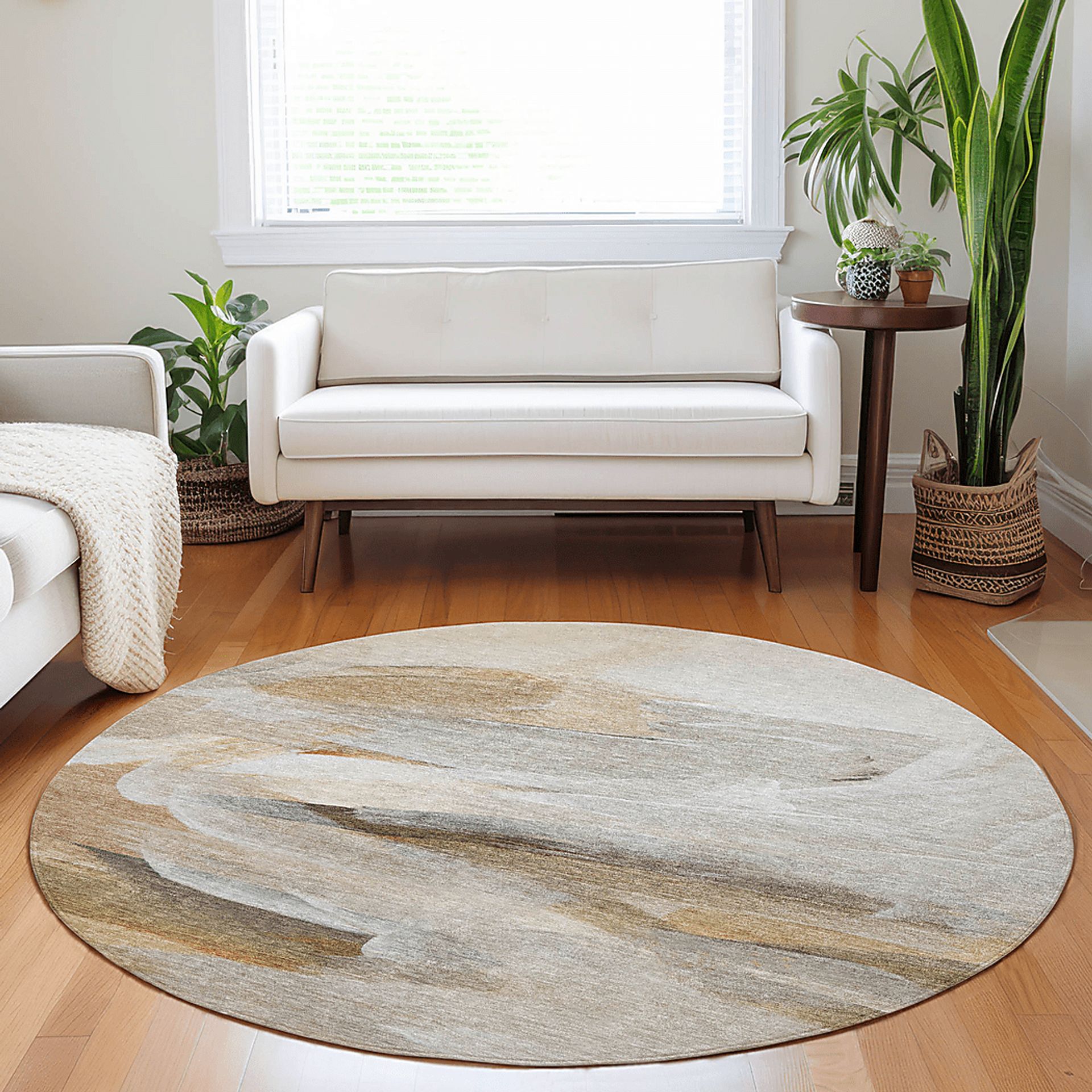 Tridi Beige 8' Round Machine Washable Rug - Image 2