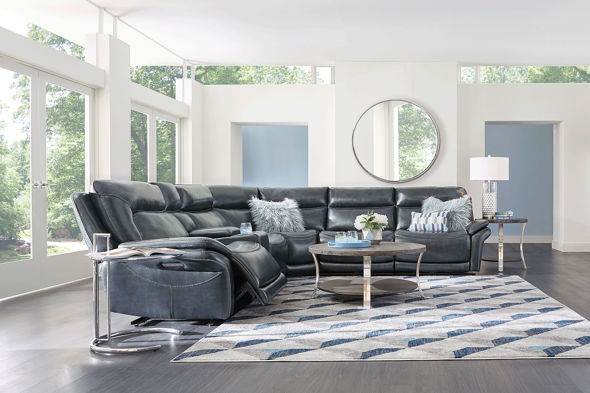 Valentini Navy Leather 6 Pc Dual Power Reclining Sectional - Image 2