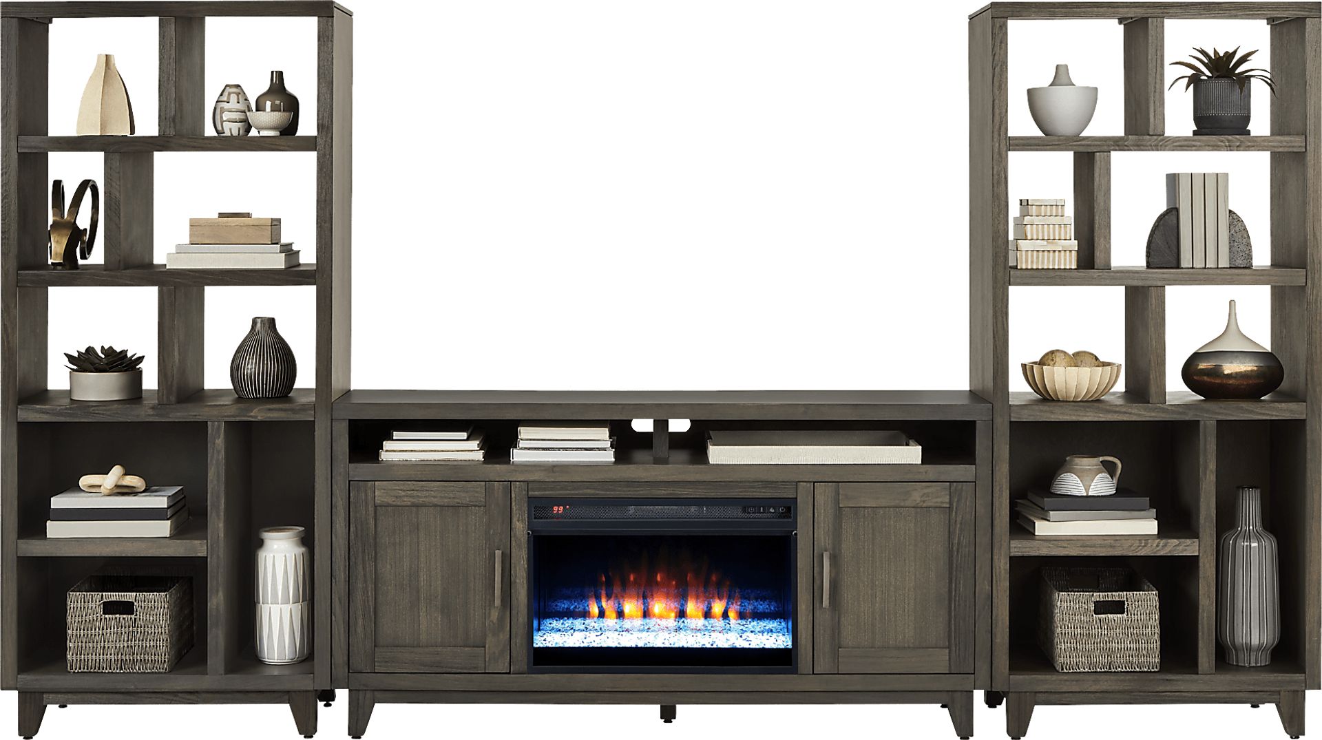Valinor Brown 4 Pc Wall Unit with 64 in. Console and Electric Fireplace - Image 2