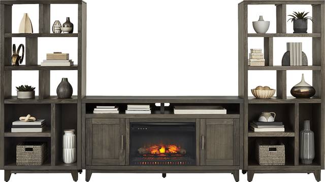 Valinor Brown 4 Pc Wall Unit with 64 in. Console and Electric Log Fireplace - Thumbnail - Image 2