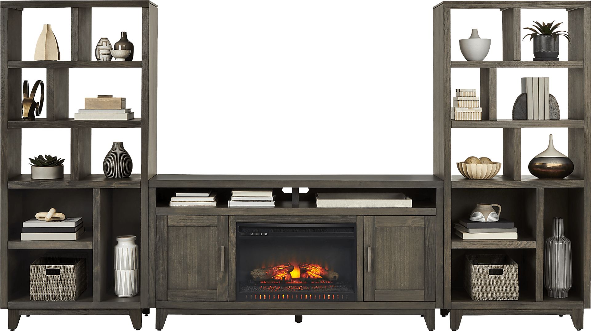 Valinor Brown 4 Pc Wall Unit with 64 in. Console and Electric Log Fireplace - Image 2