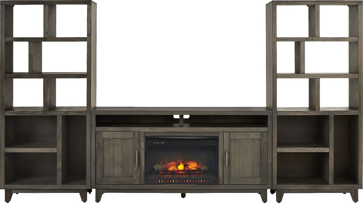Valinor Brown 4 Pc Wall Unit with 64 in. Console and Electric Log Fireplace