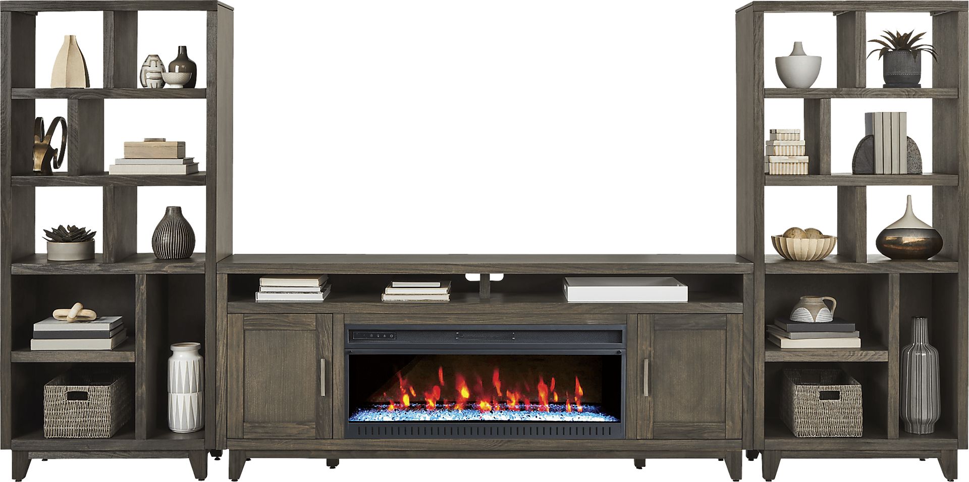 Valinor Brown 4 Pc Wall Unit with 80 in. Console and Electric Fireplace - Image 2
