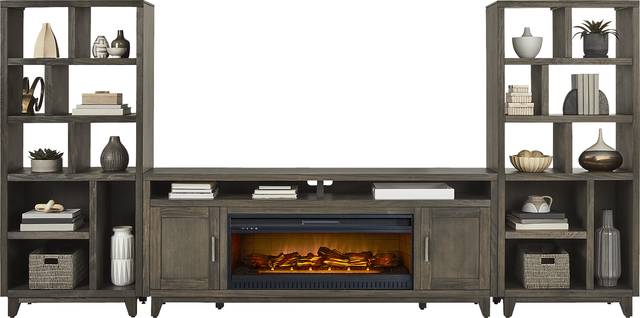 Valinor Brown 4 Pc Wall Unit with 80 in. Console and Electric Log Fireplace - Thumbnail - Image 2